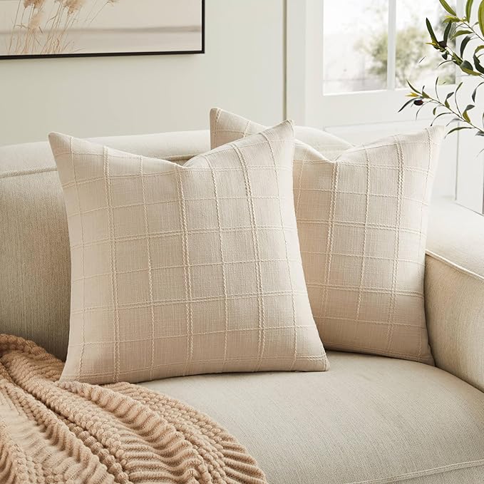 ZeeMart Linen Checked Throw Pillow Covers Set of 2, 16x16 Inch Beige/Cream, Farmhouse Decorative Single Sided Grid Embroidered Couch Pillow Cases Neutral Cotton Linen Cushion Covers