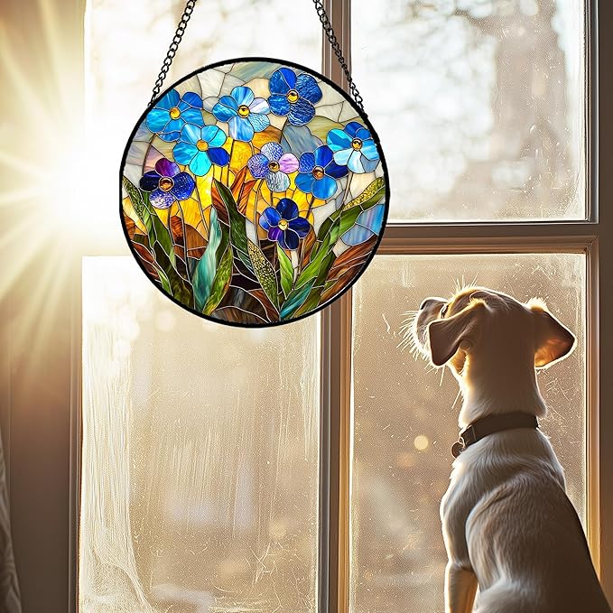 Stained Glass Window Hanging - Blue Wildflower Plant Flowers Sun Catcher for Door Garden Home Decor Suncatcher Christmas Mother's Day Birthday Gifts for Women Men Mom Nana 7.8 in