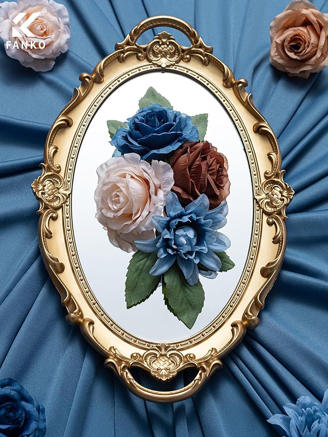 FANKO Artificial Flower Fake Rose Combo, 5 Mixed Silk Flowers Bouquet Dark & Light Brown Cream Roses, Blue Dahlia for DIY Wedding Bridal Bouquets/Centerpieces/Home Decorations