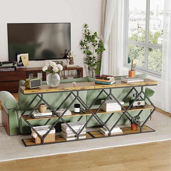 Garvee 3-Tier Entryway Table, Industrial Console Sofa Table with Storage, Accent Tables with Open Shelves, Diamond-Shaped Metal Frame, Foyer Tables for Entryway, Hallway, Rustic Brown