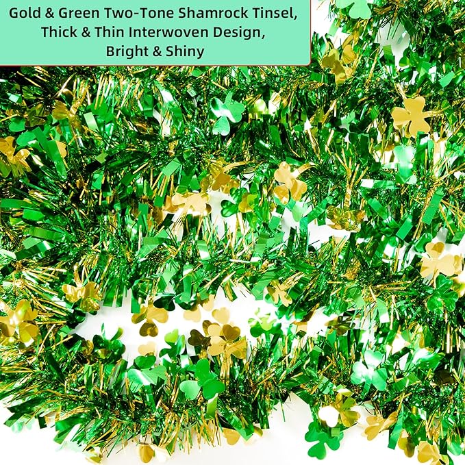 50FT St Patricks Day Garland Gold Green Shamrock Tinsel Garlands, Metallic Streamer Twist Irish Shamrock Garland Decorations for Tree Mantle, DIY Irish St Patricks Day Decorations
