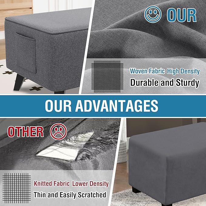 H.VERSAILTEX Ottoman Cover Slipcover Rectangle Fit Length 43"-44" Footrest Sofa Slipcovers Stool Cover Footstool Protector Covers Feature Thick Linen Look Fabric Removable Washable - Heather Grey