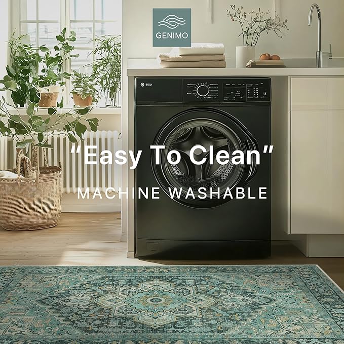 GENIMO Machine Washable 9x12 Area Rugs for Living Room, Non Slip Vintage Rugs, Low Pile Lightweight Chenille Print Rug for Bedroom, Dining Room, Home Office, Turquoise
