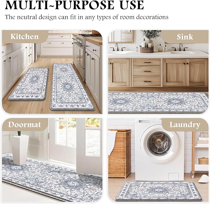 Boho Kitchen Mats for Floor 2 Piece Set Anti Fatigue Cushioned PVC Kitchen Rugs Non Slip Waterproof Farmhouse Mats 2/5 Inch Comfort Standing Mat for Sink, Laundry, 17.3"x47"+17.3"x28", Blue Grey