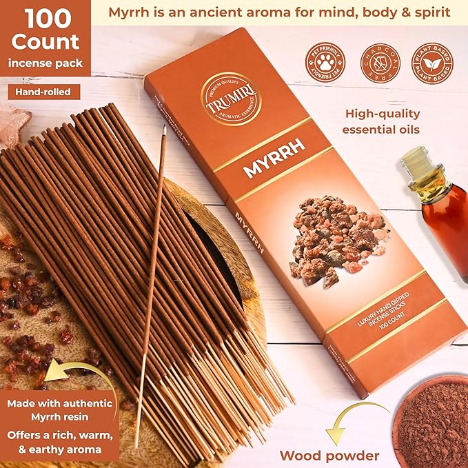 Myrrh Incense Sticks - Pack of 100 Insence-Sticks - Made with Natural Non Toxic Incienso De Mirra - Scented Insense Indian Spiritual Agarbatti Inscents