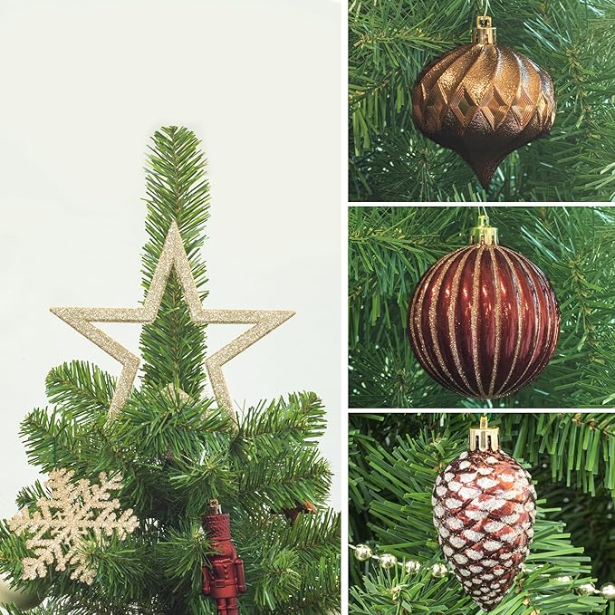 ITART 101pcs Christmas Tree Ornaments Assortment Burgundy Brown Champagne Gold Including Star Tree Topper Balls Nutcracker Figurines Snowflakes Poinsettia Flowers Bead Garland for Christmas Tree Decor