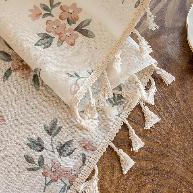 OYX Pink Boho Floral Window Curtains 63 Inch Long 2 Panels, French Vintage Farmhouse Vintage Country Rustic Tassels Printed Drapes for Living Room Bedroom, Rod Pocket Light Filtering Decor Aesthetic