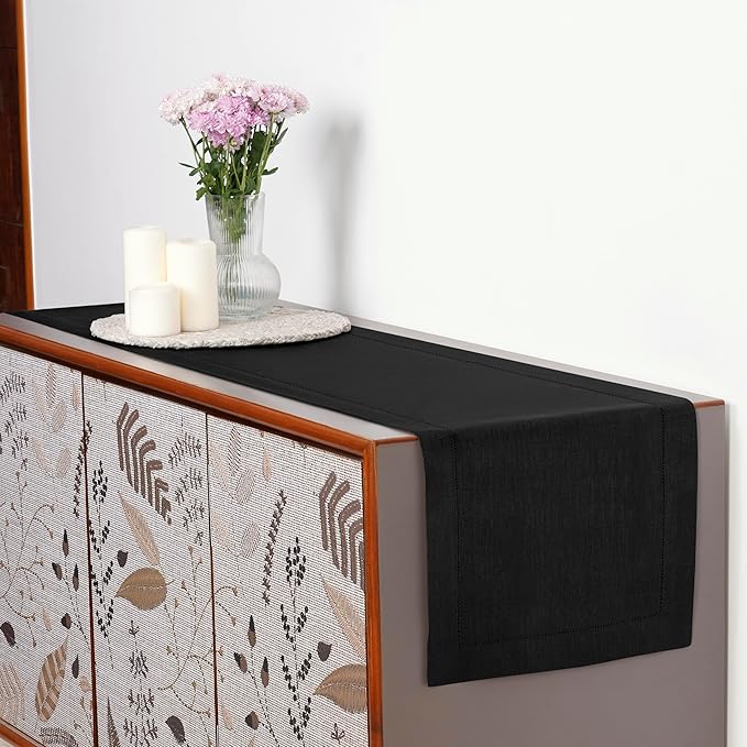 D'Moksha Homes Linen Black Table Runner 120 Inches Long - 100% Pure Linen Hemstitch 14 x 120 Inch Table Runner for Dining, Spring, Easter - Classic Hemstitch