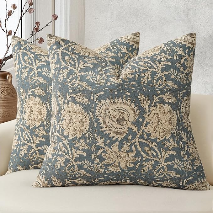 Vintage Floral Print Throw Pillow Covers 26x26 Set of 2 Neutral Modern Farmhouse Accent Decorative Cushion Covers Boho Home Decor for Couch Sofa Chair Bed Living Room, Dusty Blue