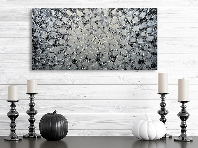 MyArton Textured Abstract Squares Canvas Wall Art Hand Painted Modern Black Silver Oil Painting for Home Decoration Ready to Hang Horizontal or Vertical 48x24inch