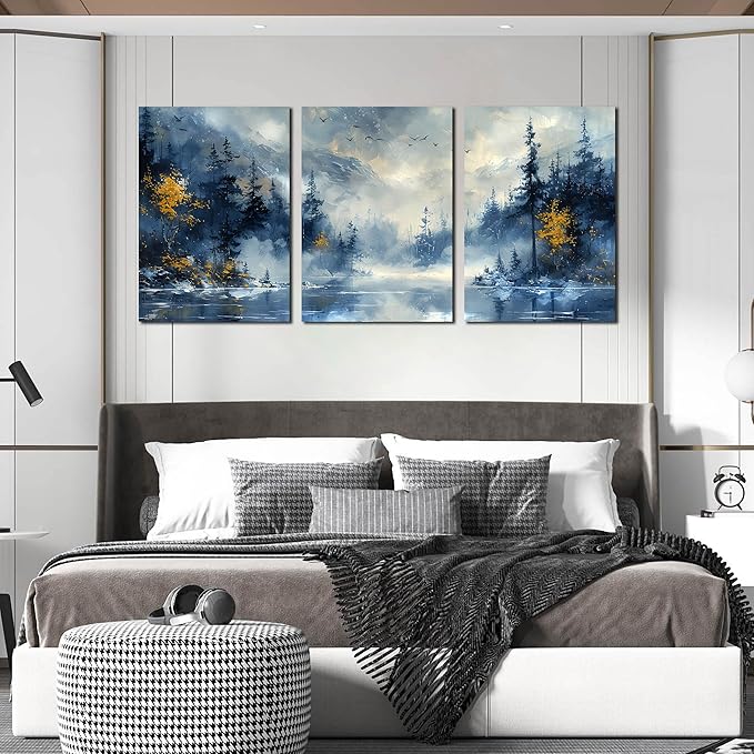 SIXTTART Tree Pictures Wall Decor Bedroom - Blue Wall Art for Living Room - Large 3 Piece Canvas Wall Art for Office Size 24" x 36"