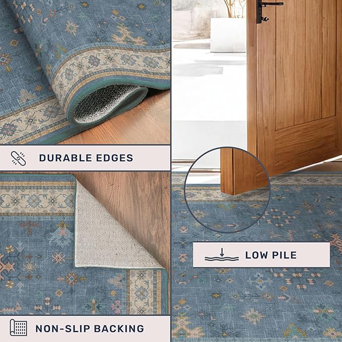 Boho 7x9 Living Room Rugs - Modern Dark Blue Dining Room Rug for Under Table, Lightweight Washable Foldable Low Pile Carpet, Eclectic Floral Bedroom Décor Aesthetic