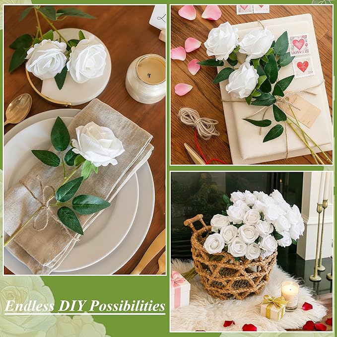 HyeFlora 50 PCS White Roses Artificial Flowers, Fake Roses with Stems Realistic Silk Roses for DIY Wedding Bouquets Tables Centerpieces Arrangements Party Baby Shower Birthday Home Decor Gift for Her