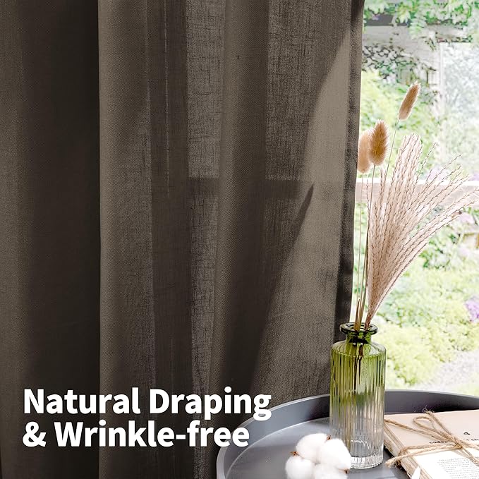 YoungsTex Short Brown Linen Curtains 40 Inch Length for Kitchen Cafe Window, Light Filtering Drapes Semi Sheer with Grommet for Cafe Bathroom Window, 2 Panels, 42 X 40 Inch