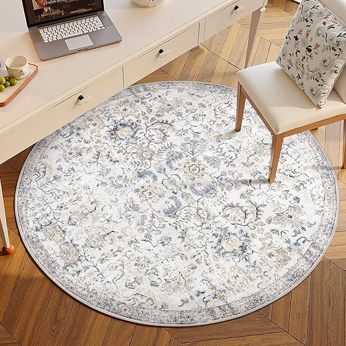 jinchan Kalen Round Rug 5ft Area Rug Entryway Washable Vintage Indoor Retro Floor Cover Distressed Floral 5' Round Circle Boho Non Slip Thin Carpet for Kitchen Bedroom Living Room Dining Room Blue