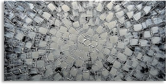 MyArton Textured Abstract Squares Canvas Wall Art Hand Painted Modern Black Silver Oil Painting for Home Decoration Ready to Hang Horizontal or Vertical 48x24inch