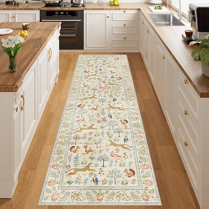 DUKINO 2x10 Rug for Hallway, Washable Kitchen Runner Rug with Non Slip Backing, Soft Low Pile Vintage Animal Runner for Bedroom, Kitchen, Hallway, Entryway, Laundry, White