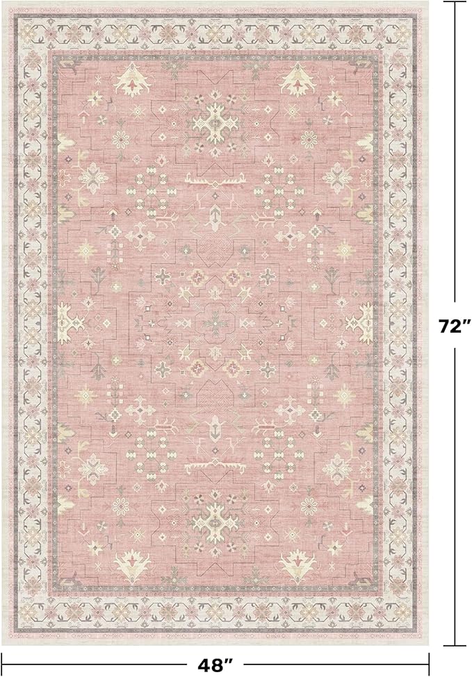 Pink and Gold Girls Rugs for Bedroom, 4x6 Non Slip Nursery Floral Area Rug, Machine Washable Kids Playroom Mat, Vintage Thin Low Pile Carpet for Living Room, Dorm