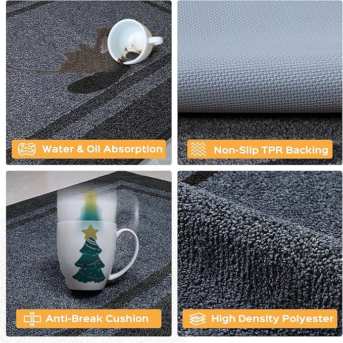 Kitchen Rugs 24" x 36", Non-Slip Machine Washable Kitchen Runner Rugs Floor Mats, Absorbent Comfort Standing Mats for Kitchen, Sink, Laundry and Hallway, Bluish Grey & Charcoal