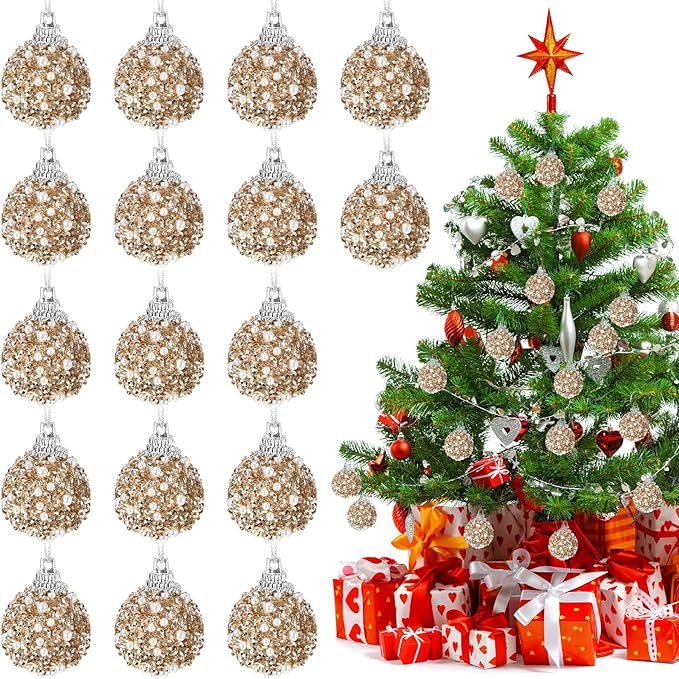 Liliful 48 Pcs 1.18 Inch Mini Christmas Ball Ornaments Christmas Tree Ornament Glitter Sequin Foam Ball Ornaments Xmas Hanging Decoration for New Year Holiday Wedding(Champagne Gold)