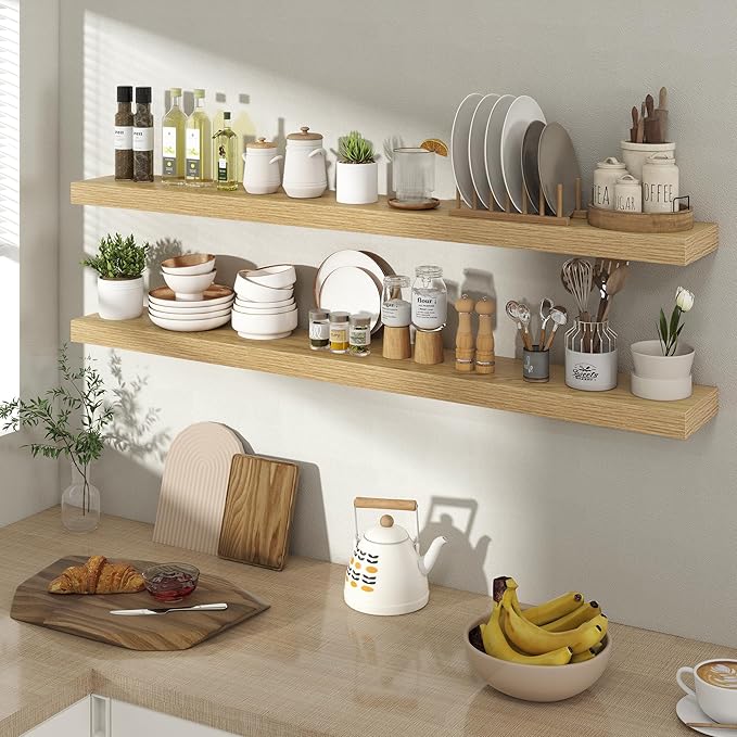 48 Inch Floating Shelves for Wall 2 Pack, 48" Wall Shelves for Books, Storage, Decor, Wall Mounted Floating Shelf with Invisible Brackets for Kitchen, Living Room, Oak