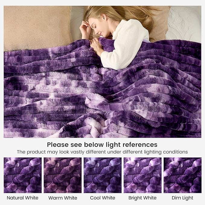 Cozy Bliss Faux Fur Throw Blanket for Couch, Cozy Warm Plush Striped Blanket for Sofa Bedroom Living Room, 90 * 90 Inches Tie-dye Purple