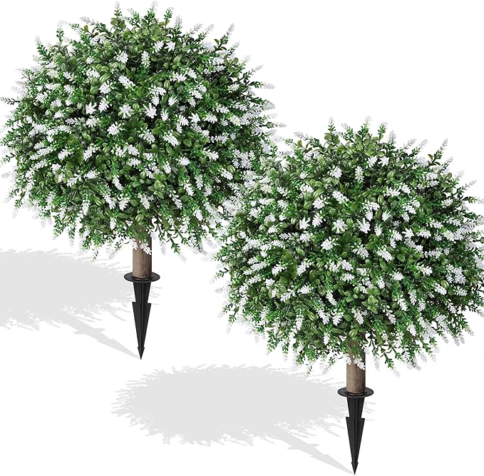 HyeFlora 26'' Artificial Topiary Boxwood Ball Trees with Lavender 2 Pack Fake Plants for Outdoor Indoor Artificial Shrubs with Ground Spike UV Resistant Fake Bushes for Front Porch Garden (White)