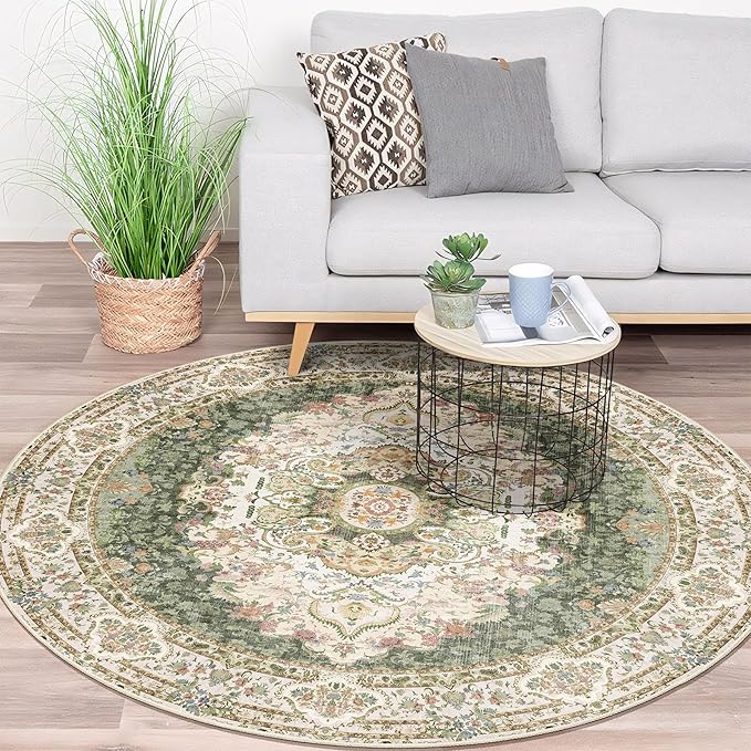 Green Round Rug 5ft, Circle Boho Area Rugs for Bedroom Living Room,Washable Vintage Bohemian Distressed Oriental Carpet Non Slip,Sage Floral