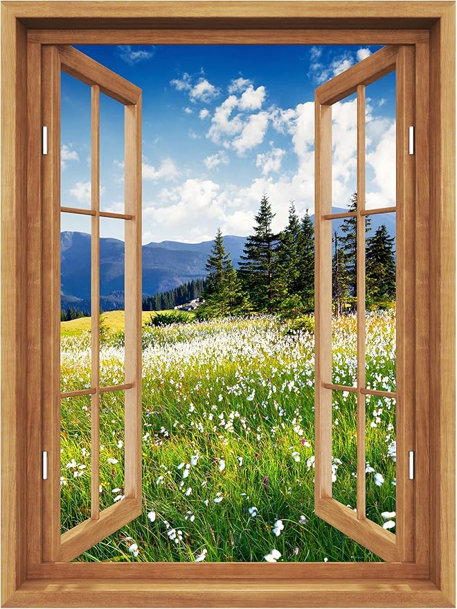 SIGNWIN Removable Wall Sticker/Wall Mural Window View Countryside Daisy Flower Field Nature Wilderness Photography Realism Decorative Landscape Digital Art for Living Room, Bedroom, Office - 36"x48"