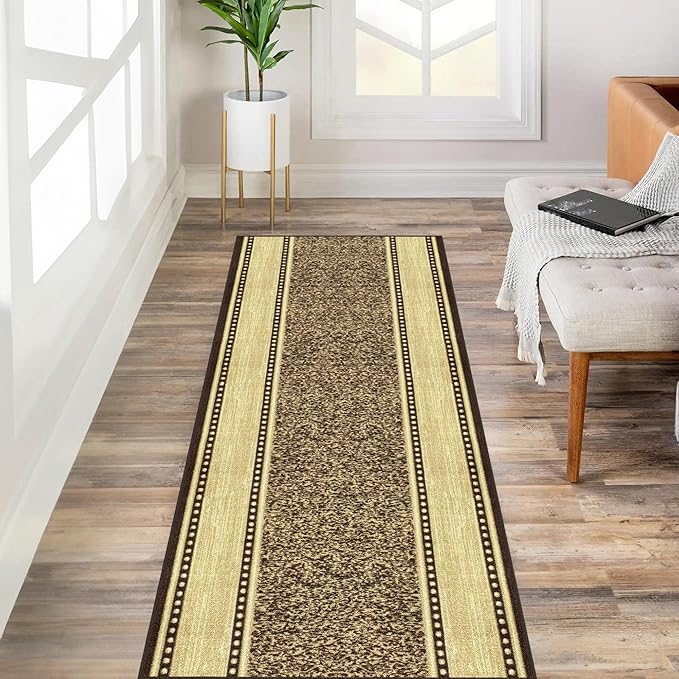 Kapaqua Custom Size Brown Gold Beige Bordered Rubber Backed Non-Slip Hallway Stair Runner Rug Carpet 31 inch Wide Choose Your Length 31in X 20ft