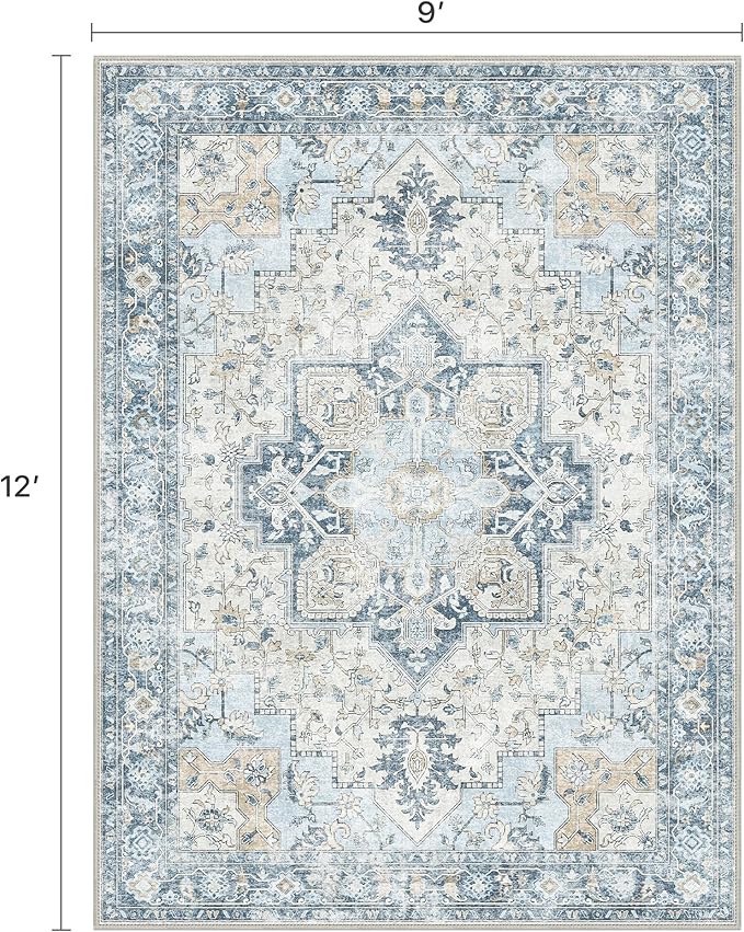 9x12 Area Rugs for Living Room, Machine Washable Non Slip Vintage Rugs, Low Pile Lightweight Print Rug for Bedroom, Dining Room, Home Office, Blue