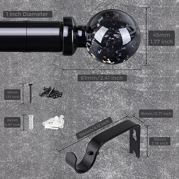 2 Pack Black Curtain Rods for Windows 28 to 48 Inch, 1'' Heavy Duty Adjustable Drapery Rod with Unique Crystal Ball Finials, Modern Decorative Curtain Rod,Size; 30-60''