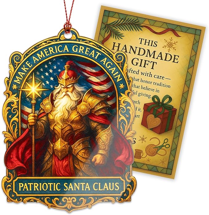 Patriotic Santa Ornament – American Flag Armor – USA Christmas Décor | Veteran Ornament Christmas Ornament 2025 – Suncatcher Effect Stained Glass Window – Car Hanging