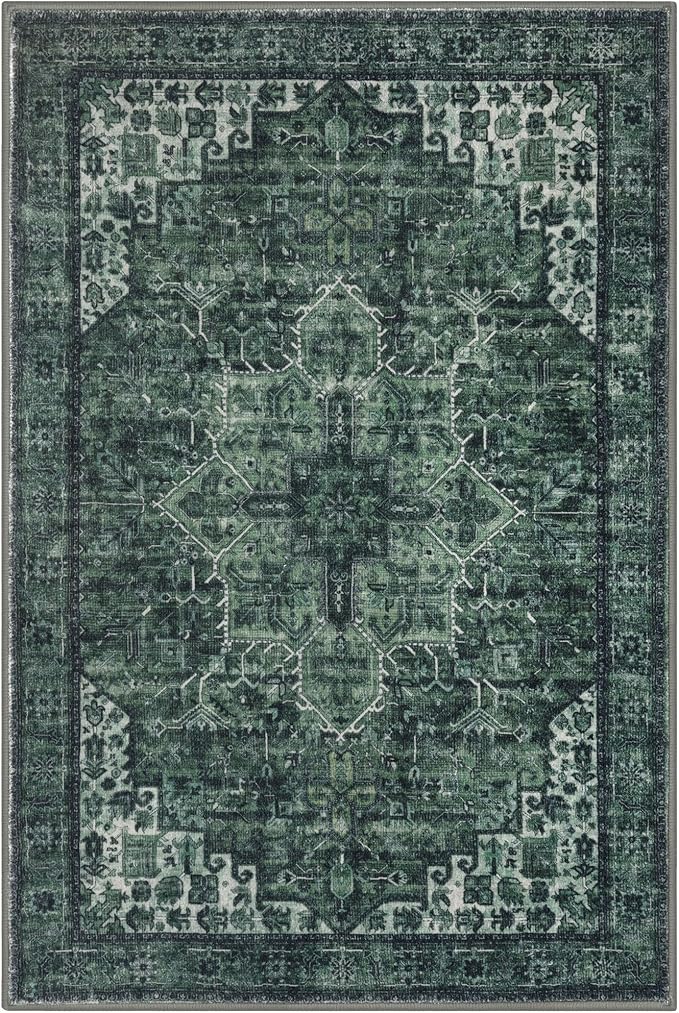 2x3 Washable Rug for Entryway, Dark Green Soft Traditional Printed Area Rug, Non-Slip Kitchen Rugs, Low-Pile Medallion Indoor Door Mat, Farmhouse Carpet for Entrance Kitchen Foyer Bedside