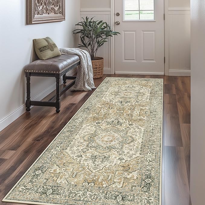 GENIMO Machine Washable 9x12 Area Rugs for Living Room, Non Slip Vintage Rugs, Low Pile Lightweight Chenille Print Rug for Bedroom, Dining Room, Home Office, Earthy Brown