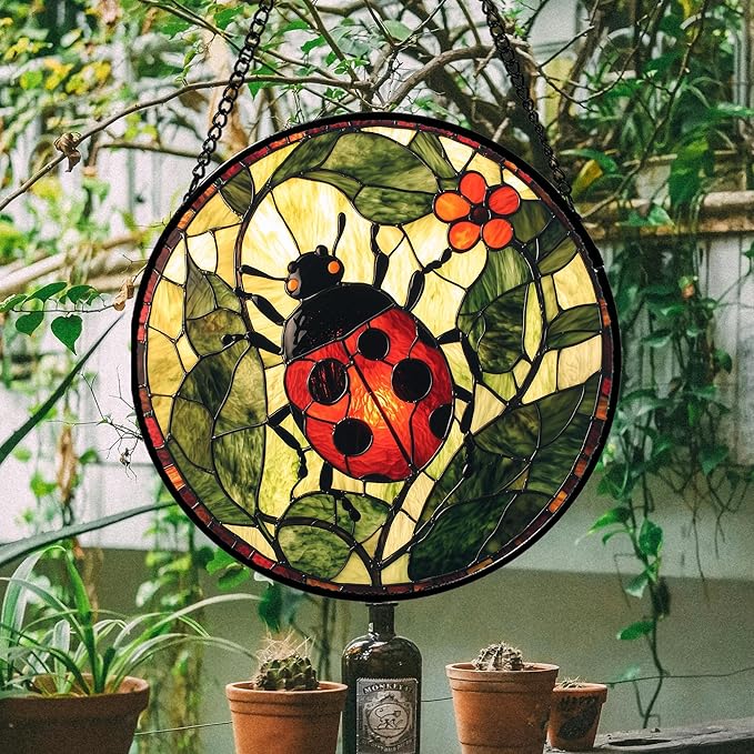 Stained Glass Window Hanging - Red Ladybug Green Plant Flower Sun Catcher for Door Home Decor Insect Suncatcher Christmas Mother's Day Birthday Gifts for Women Men Mom Nana 7.8 in