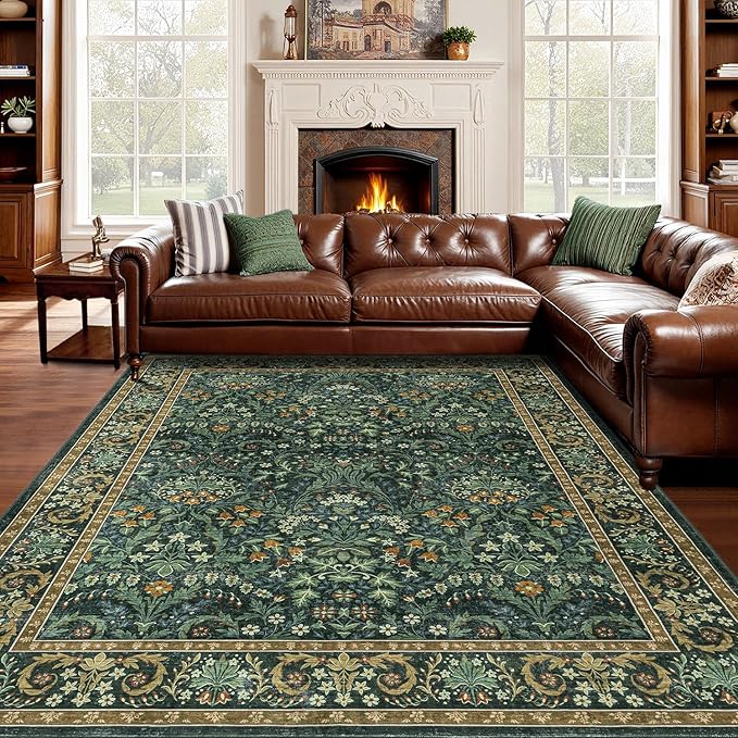 Woaboy Washable 8x10 Area Rug for Living Room Bedroom Dining Room Under Kitchen Table,Non-Slip Low Pile Stain Resistant Soft Large Carpet for Vintage Floral Oriental Home Decor Green Gold