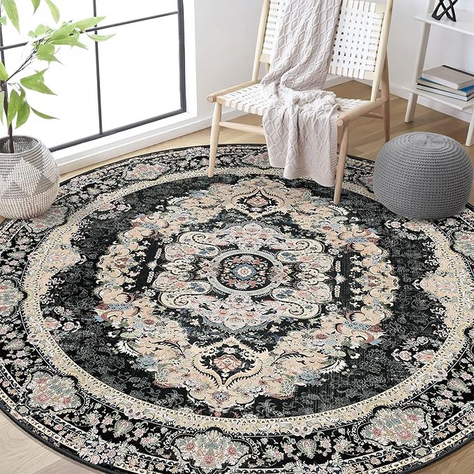 Black Round Rug 6ft,Large Circle Area Rugs for Bedroom Living Room Dining Room,Washable Boho Vintage Bohemian Distressed Oriental Carpet Non Slip,Floral