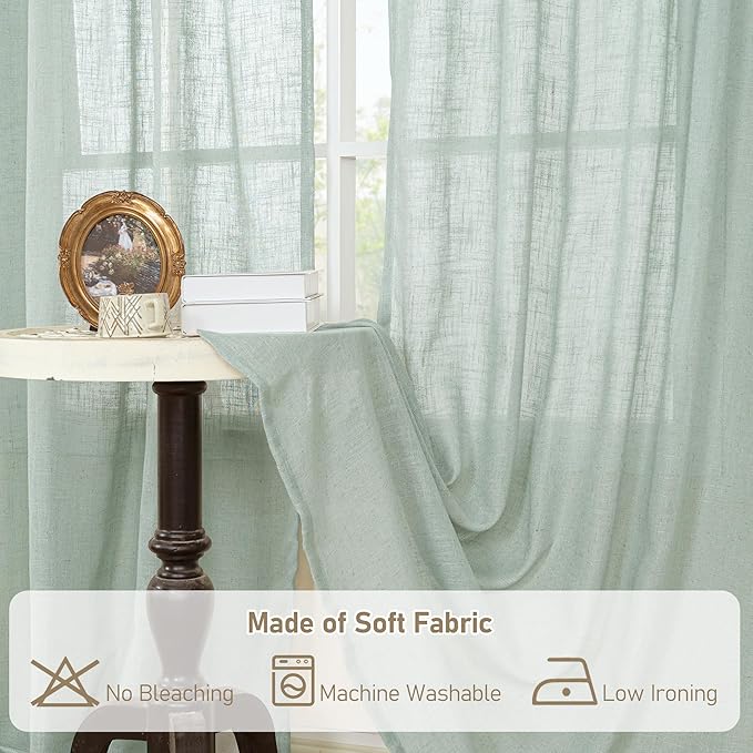 LAMIT Light Sage Linen Curtains 45 Inches Long for Bedroom, Light Filtering Panels Back Tab and Rod Pocket Neutral Drapes for Kitchen/Window/Loft Room, 52 x 45 Inch, 2 Panels