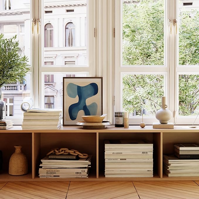 HAUS AND HUES Modern Abstract Wall Art - Blue and Green Living Room Art, Modern Artwork for Walls, Minimalist Picture for Living Room(Blue Shapes, Walnut Frame, 16x20)