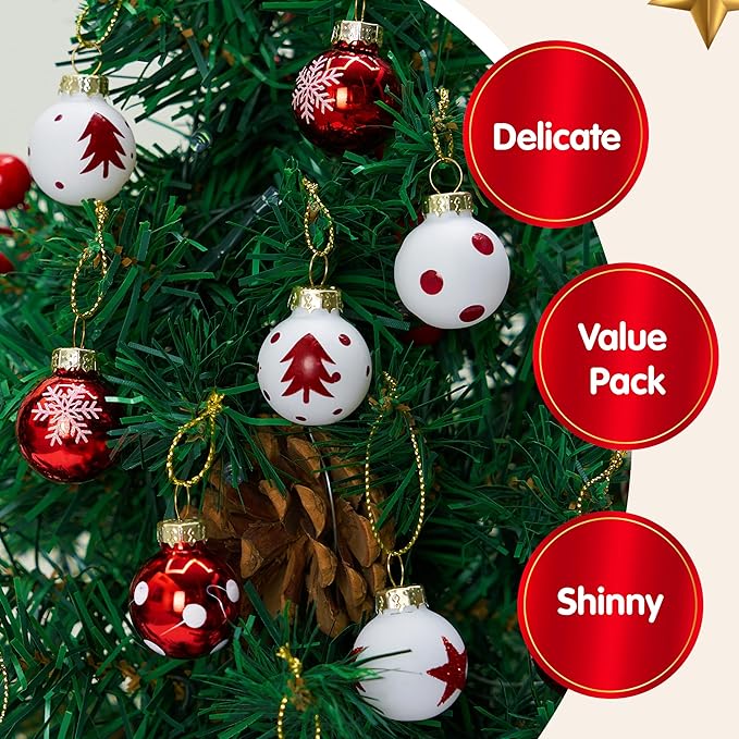 Joiedomi 36 Pcs Christmas Mini Ball Ornament Set, Metalic Glass Small Balls with Glitter Prints & Rope Hangers, Hanging Miniature Ornaments for Christmas Tree, Xmas Glass Party Decor (Red & White)