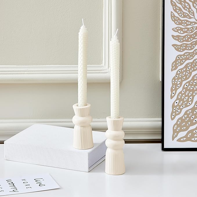 Denique Ceramic Candle Holders Set of 2, Creative Modern Knot Candlestick Holder Set, Table Centerpiece Taper Candle Holders Desktop Decoration for Home Decor, Wedding, Dinning, Party (Cream)