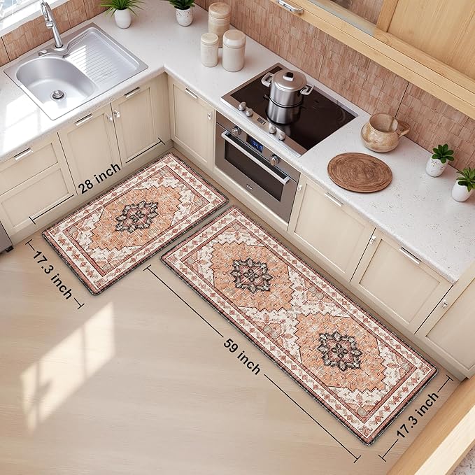 Boho Kitchen Mats for Floor 2 Piece Set Anti Fatigue Cushioned PVC Kitchen Rugs Non Slip Waterproof Farmhouse Mats 2/5 Inch Comfort Standing Mat for Sink, Laundry, Office, 17.3"x59"+17.3"x28", Orange
