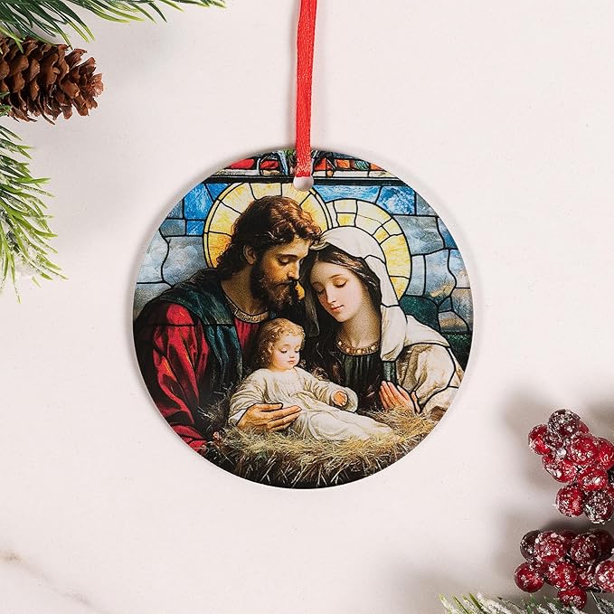 Holy Family Nativity Stained-Glass Style Acrylic Ornament - Traditional Catholic & Christian Christmas Decor, Religious Decorative Hanging Ornaments for Tree