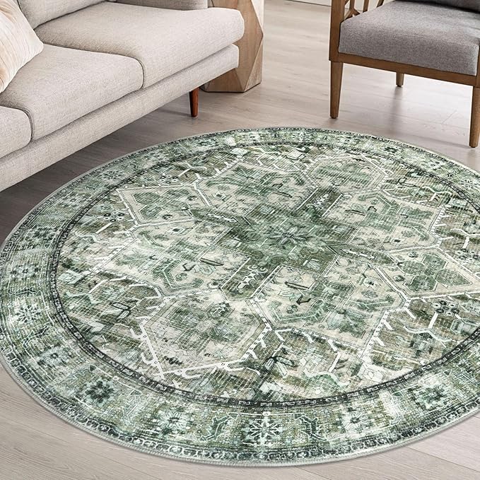 6' Round Washable Rug for Entryway, Green Soft Printed Area Rug, Non-Slip Kitchen Rugs, Low-Pile Medallion Indoor Door Mat, Small Farmhouse Carpet for Entrance Kitchen Foyer Bedside
