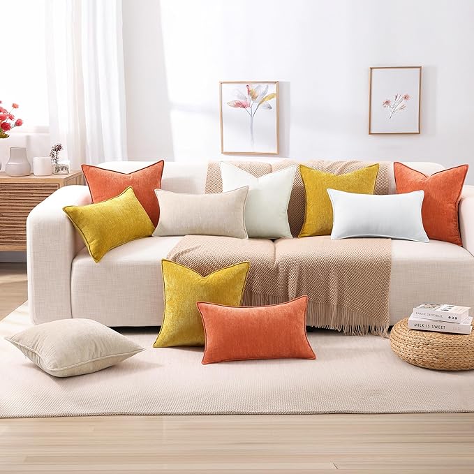 decorUhome Christmas Couch Throw Pillow Covers 12x20 Set of 2, Decorative Soft Euro Velvet Neutral Chenille Lumbar Pillow Covers with Elegant Design for Sofa Bed Living Room Home Decor, Rust
