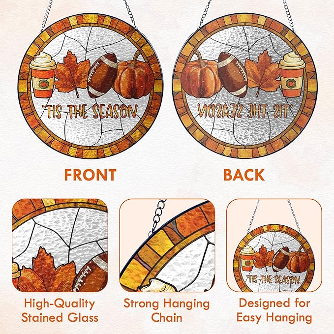 FLAGWIX Fall Decorations for Home - Stained Glass Window Hanging 8in - Autumn Sun Catchers Indoor Window, Fall Gifts for Women Men, Thanksgiving Decorations Sun Catcher, Thanksgiving Gifts for Mom Dad