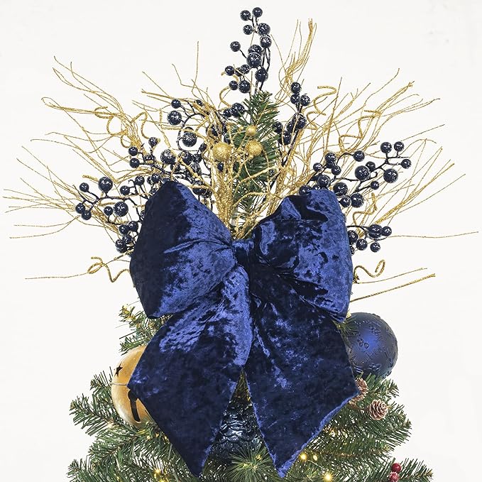 KI Store Blue Large Plush Velvet Bows Set of 2 12-Inch Christmas Bow Tree Topper for Christmas Tree Decoration Door Window Decor