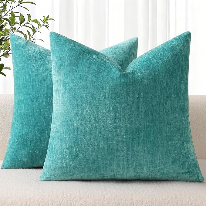 decorUhome Chenille Turquoise Throw Pillow Covers 26x26 Inch Set of 2, Decorative Soft Couch Pillow Covers Solid Dyed Accent Farmhouse Neutral Square Pillow Cases for Sofa Bed Living Room