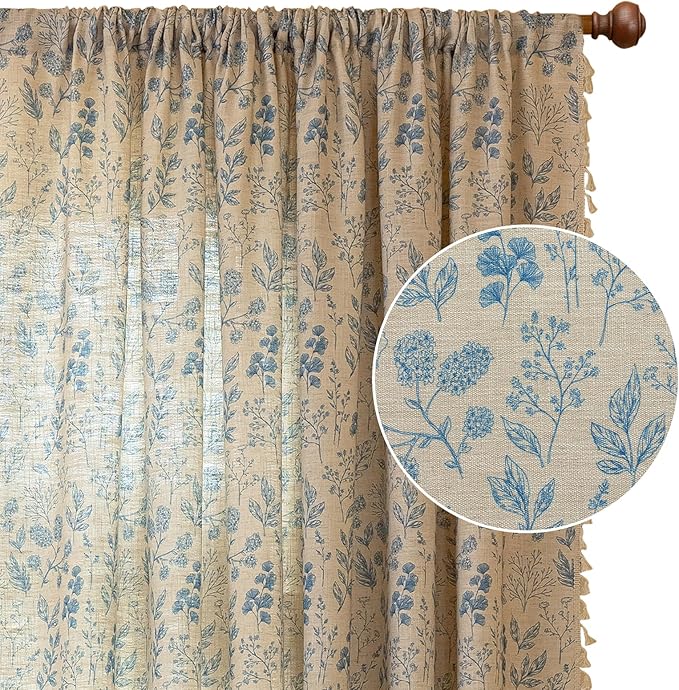 OYX French Beige and Blue Floral Curtains 96 Inch Long 2 Panels for Living Room, Navy Flower Patterned Light Filtering Farmhouse Drapes for Bedroom, Vintage Rustic Country Rod Pocket WindowTreatments